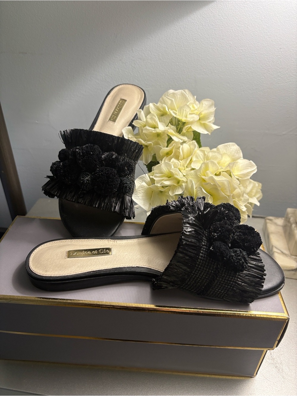 Louise et Cie Black Fringe Pom Slide Sandals